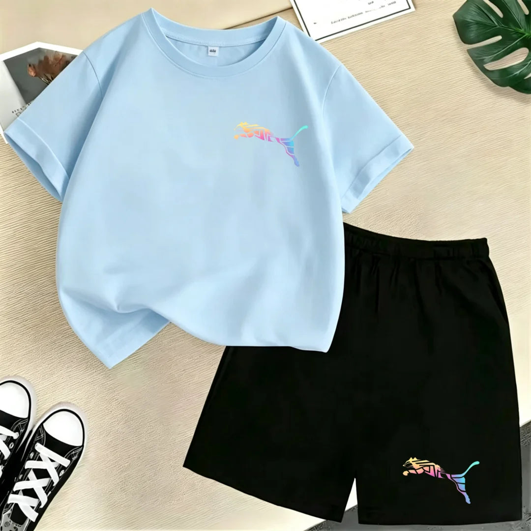 Kids Summer Casual Round Neck T-shirt Colorful Gradation Animals Boy Girl3-12Yrs Short-Sleeved+Shorts Fashion Sports Clothes Set