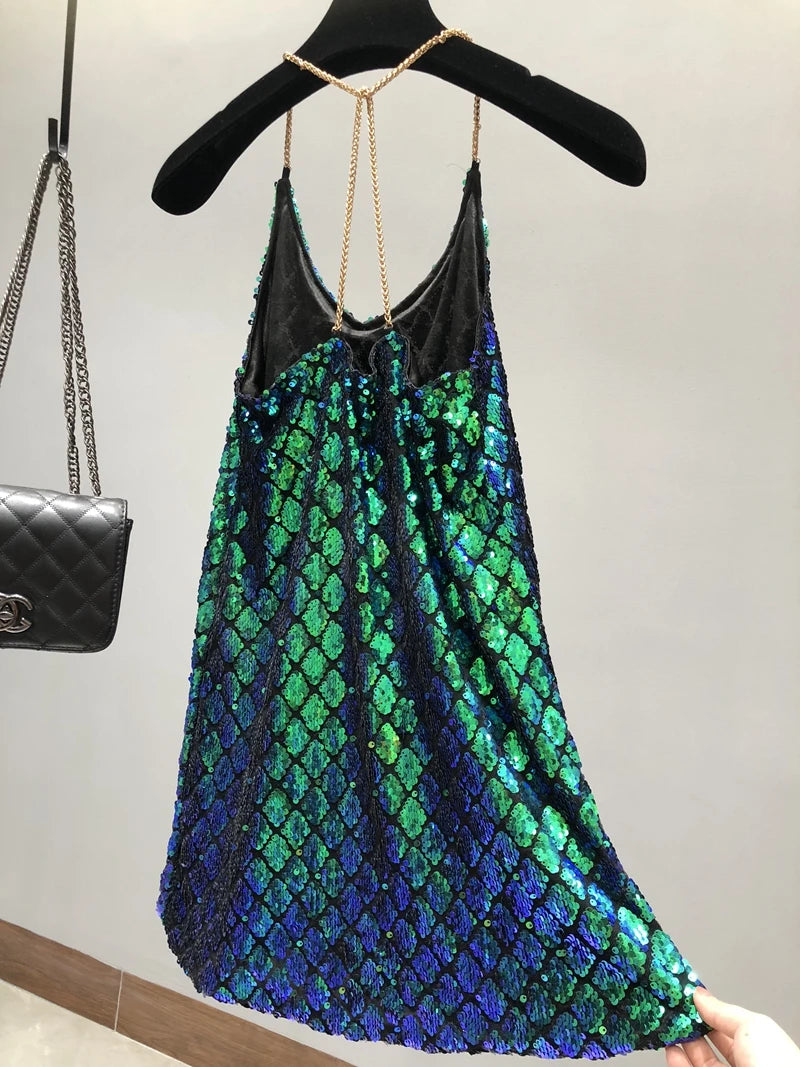 Sexy Dresses Party Night Club Dress 2020 Dress Summer Metal Hanging Neck Sequins Backless Holiday Skirt with Shoulder-straps