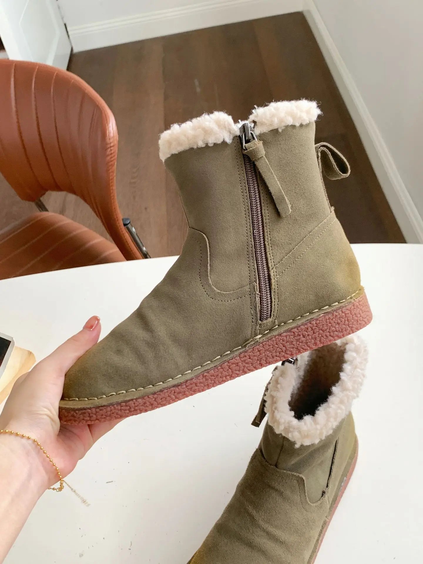 Careaymade-Genuine cow leather Snow cotton round head flats woolen short boots plush warm snow boots Oversized shoes size 35-43