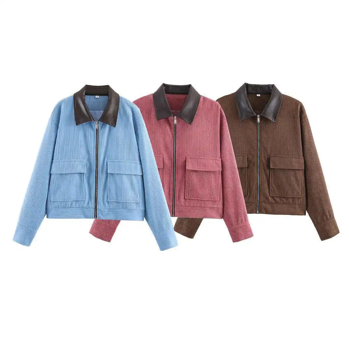 Women Pu Leather Collar Pink Cropped Jacket Corduroy Fashion Long Sleeve Zipper Coat 2026 New Lady Spring Chic Street Outwear