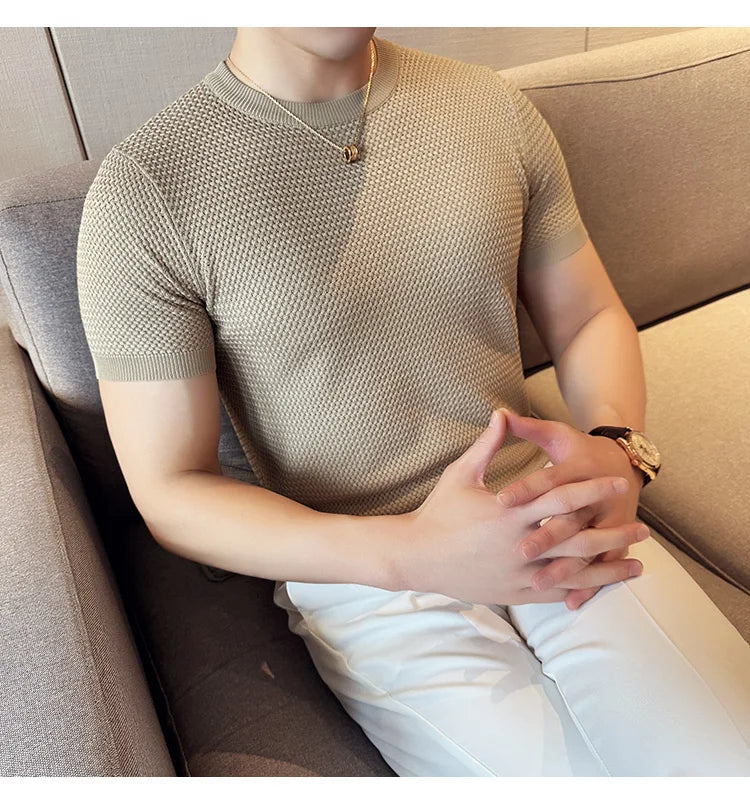 Summer Breathable T-Shirts For Men Korean Luxury Clothing O-Neck Short Sleeve Knitted Men's T Shirt Fashion Hollow Tops&Tees 3XL