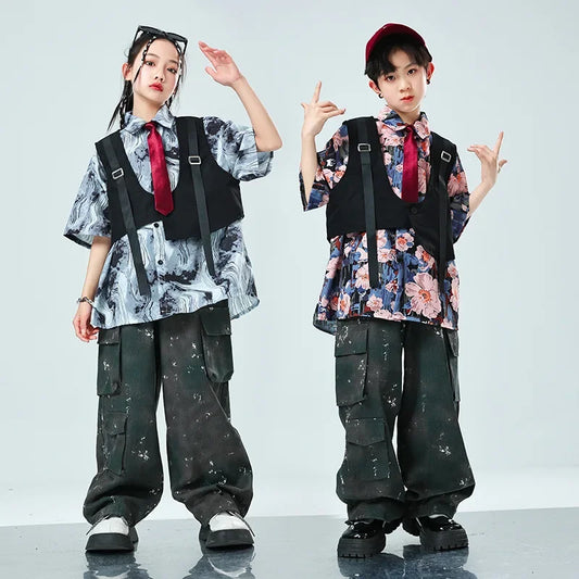 Kids Tracksuits Teens Stage Fashion Show Dance Clothes Boys Girls Suits Sets Vest Pant Shirt Children Jazz Hip Hop Costumes