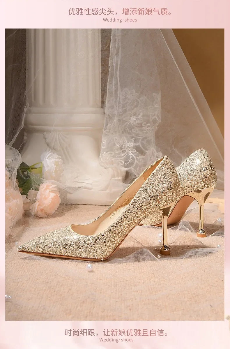 2025 New Women Pumps High Heel Metal Pointed Toe Shallow Sexy Ladies Bling Bridal Wedding Women Shoes White High Heels