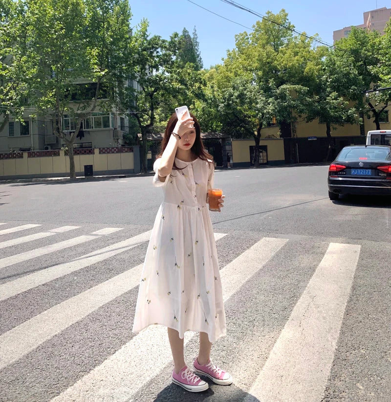 Loose Summer Cute Sweet Japanese Style Girls Flower Embroidery Retro Vintage Single Breasted Button Cotton Blends Shirt Dress