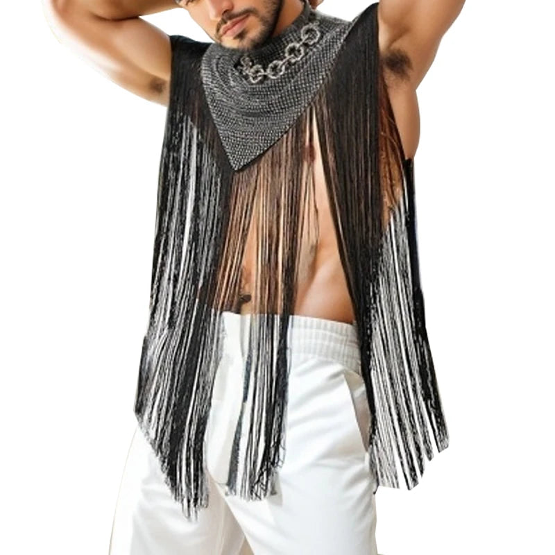 Men's Clothing Irregular Tank Tops Fashion Vests Tassel Patchwork Turtleneck Sleeveless Streetwear Leisure Sexy Cloak Ponchos