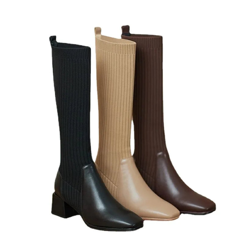 Women Knee-High Sock Boots 2022 New Fashion Knitting Stretch Cloth PU Stitching Long Boots Female Square Toe High Heels
