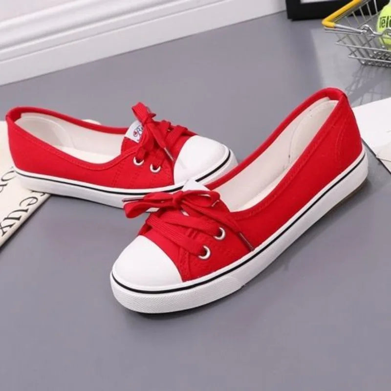 Red Women Footwear Flat Round Toe Black Canvas Ladies Shoes New Arrival 2025 Sale Cheap Vulcanized for Casual Urban 39 Walking A