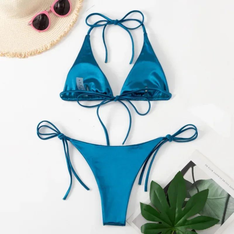 Sexy Halter Satin Brazilian Bikini Women Swimwear Female Swimsuit Two-pieces Bikini Set Bather Bathing Suit Swim Women Swimsuit