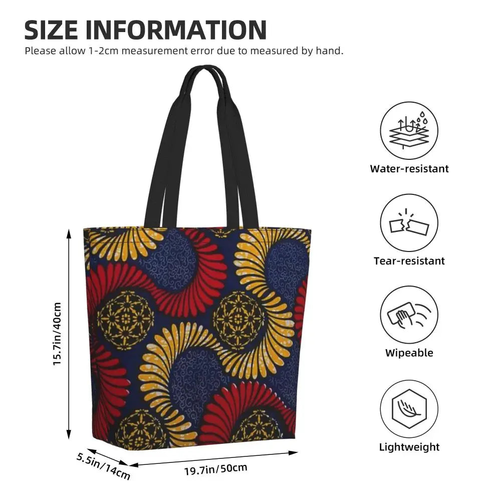 African Ankara Prints Grocery Shopping Tote Bags Women Geometric Ethnic Art Canvas Shoulder Shopper Bags Big Capacity Handbag