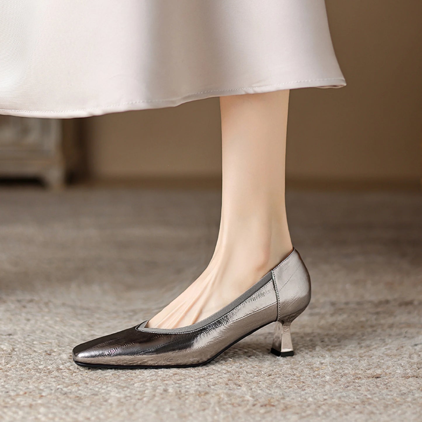 【JOCHEBED HU】Brand Genuine Leather Square Toe Women Pumps Slip Mid Heels Solid Color Dress Party Spring Autumn Shoes Handmade
