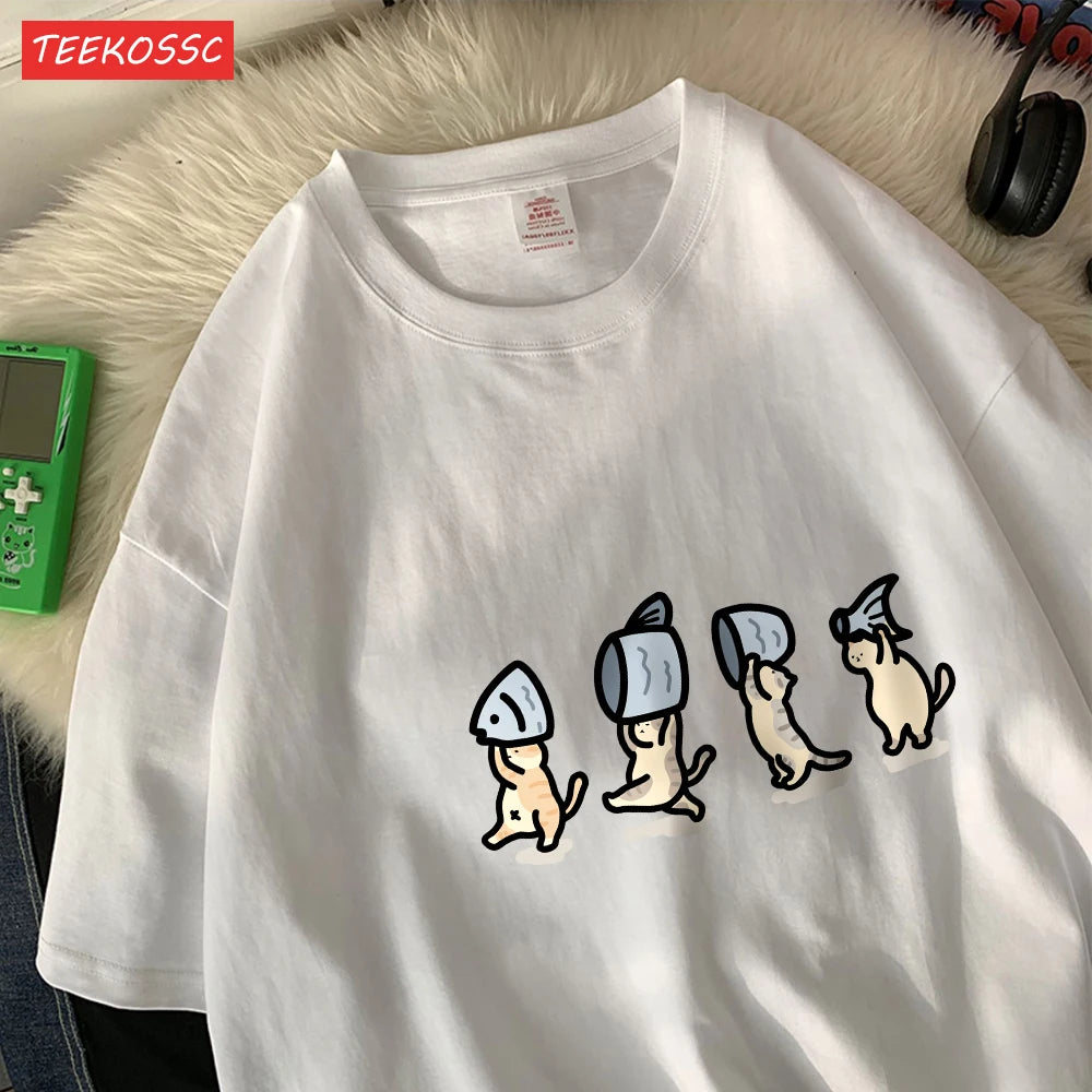 Four Little Cats Holding Fishcotton Women T-Shirts Cartoons Prints T Shirts Soft O-Neck Loose Short Sleeve Tops Summer Clothes