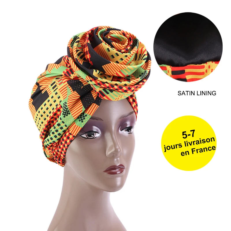 African Print Stretch Bandana Head Wrap Long Scarf Satin Floral Ankara Dashiki Women Party Turban Headwear Cap Hair Accessories