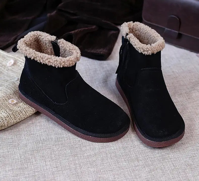 Careaymade-Genuine cow leather Snow cotton round head flats woolen short boots plush warm snow boots Oversized shoes size 35-43
