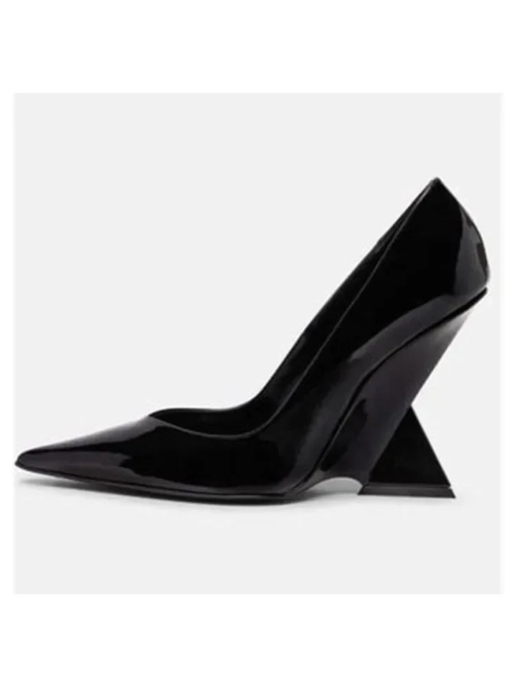 Summer 2024 New High Heels Thick Sole Thick Heel Lacquer Leather Shallow Mouth Pointed Fashion Sexy Women's Oversized Shoes