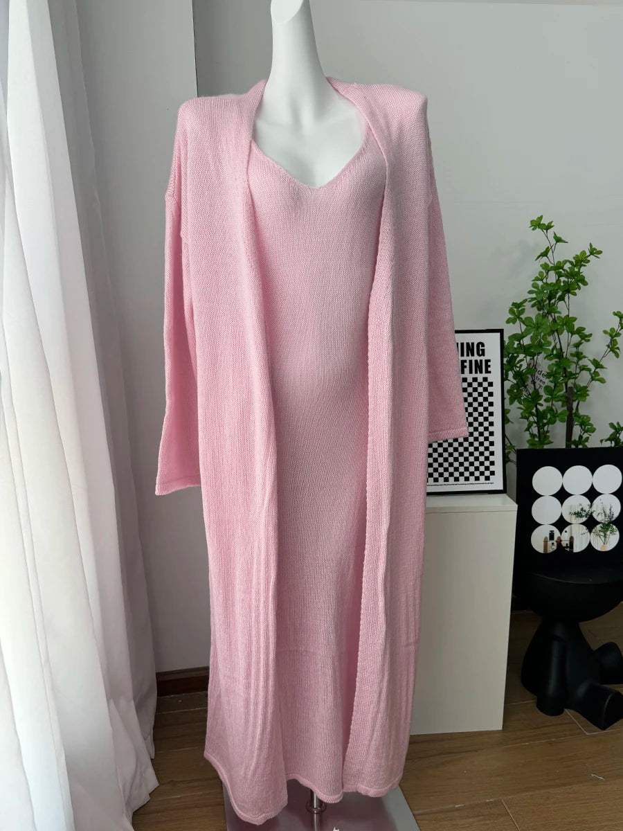 Hirsionsan Soft Loose Sets Women Three Pieces Long Sleeve Cardigan & Sexy Vest Dresses Elegant Female Hollow Outfits Tracksuit