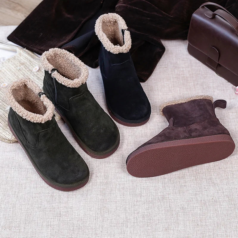 Careaymade-Genuine cow leather Snow cotton round head flats woolen short boots plush warm snow boots Oversized shoes size 35-43