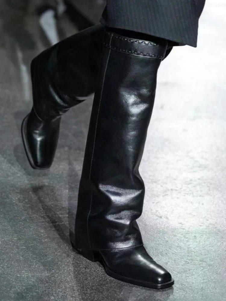Elegant Temperament of European and American Women, Thick High Heels, Skirt Hem, Knee High Boots, Oversized Retro Knight Boots