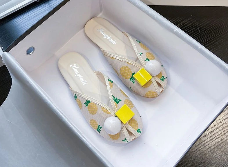 Slides Kawaii Shoes Round Toe Cute Women's Slippers and Ladies Sandals Mules Summer 2025 Flat Outside Comfortable Elegan Y 39 W