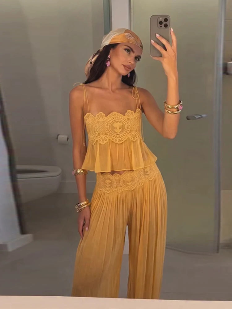 Sheer Layers Lace Stitching Solid Women's Suit Sling Mini Top High Waist Loose Long Skirt Fashion 2026 Summer New Beach Lady Set