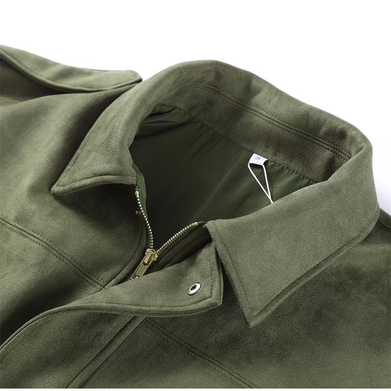 Fashion Suede Green Jackets Coat Women Lapel Full Sleeve Zipper Bomber Coats 2026 Spring New Loose Lady Street Solid Outwears