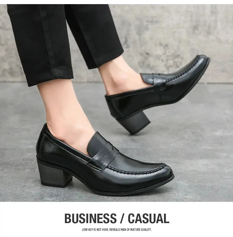 Men Retro Dress Shoes Black Brown Medium High Heels European and American Business Banquet Cuban Leather Shoes Size 38-45