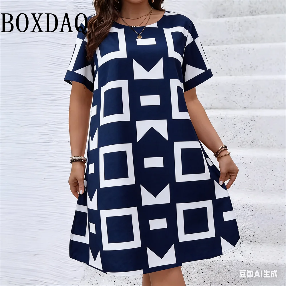 Ethnic Style Pattern Geometry Flower Dresses For Women 2026 Summer Fashion Plus Size Short Sleeve Print Dress Casual Retro Loose