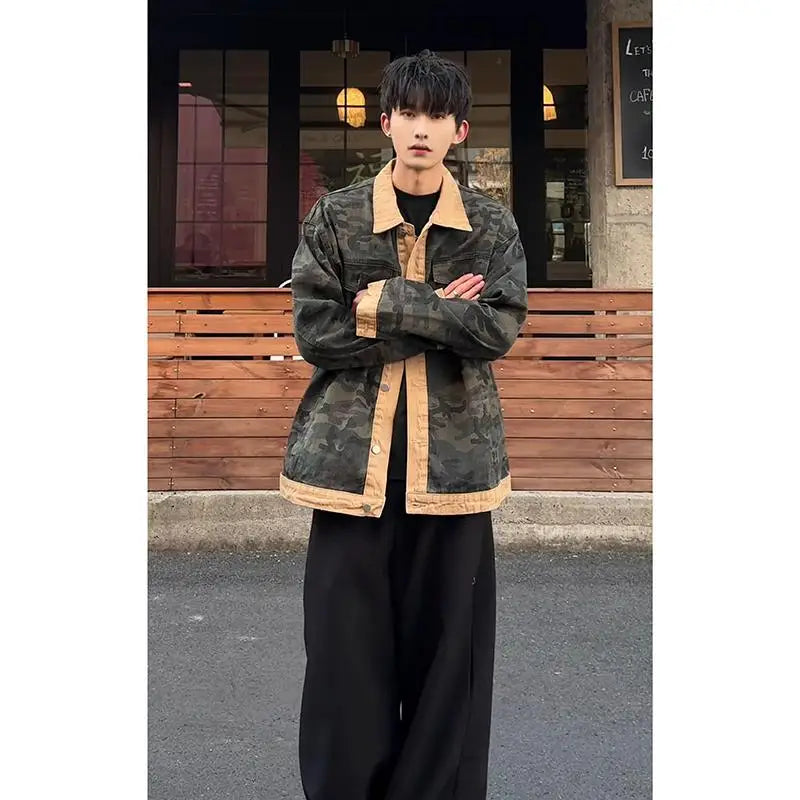 Men's Camouflage Denim Jacket Autumn Washed Turn down Collar Single-Breasted Long Sleeve Loose Fit Vintage Workwear Street Style