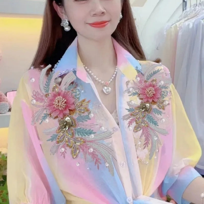 2024 Summer New Office Lady Temperament Sequined Bead Embroidered 3D Flower Chiffon Sun Protetion Casual Half-sleeved Shirt