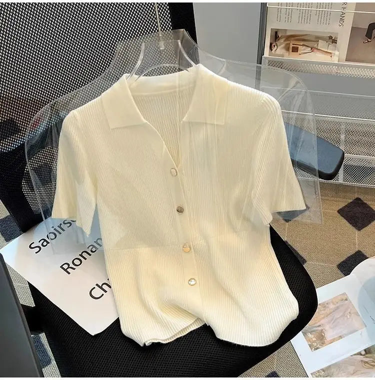 Knitted Polo Shirt  Women's Summer Cardigan Short Sleeve T-Shirt Casual Fashion Short Sleeve Tops Knitwear 2025 Korean Clothing