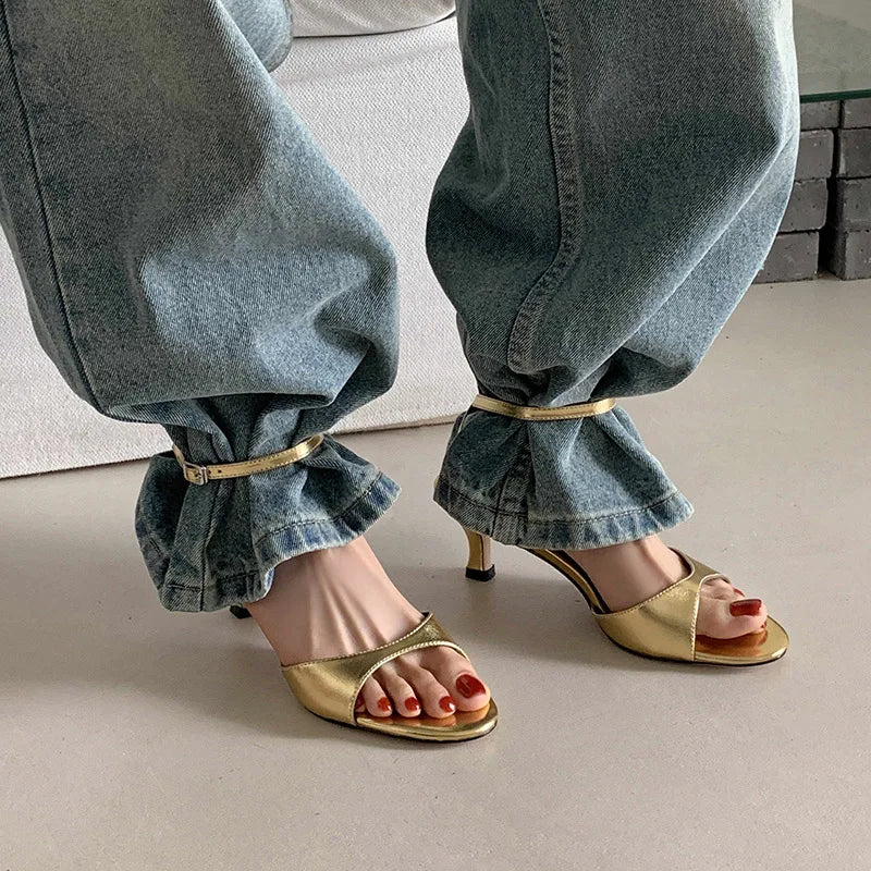 QUTAA 2025 Sexy Women High Heels Sandals Open Toe Pumps Shoes Slingbacks Party Genuine Leather Ankle Strap Shoes Office 34-40