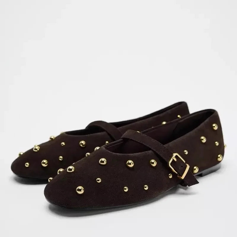 2025 Summer Brand Mary Jane Shoes for Women Fashion Rivet Suede Classic Retro Brown Casual Soft Bottom Comfortable Ladies Flats