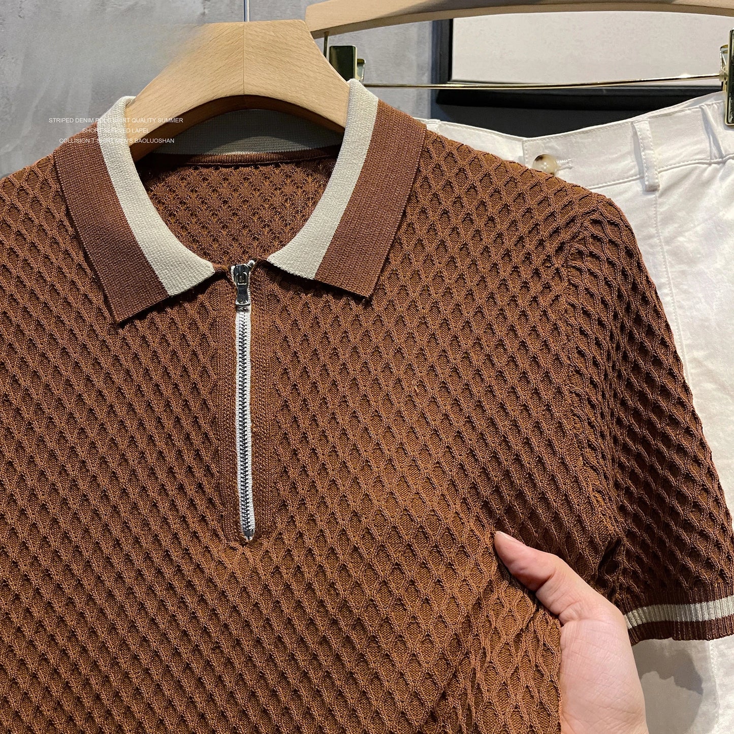 2026 Men's Casual V-Neck Knitted Jacquard Polo Shirt Solid Color Short Sleeve Solid Color Shirt Breathable Luxury Clothing B24