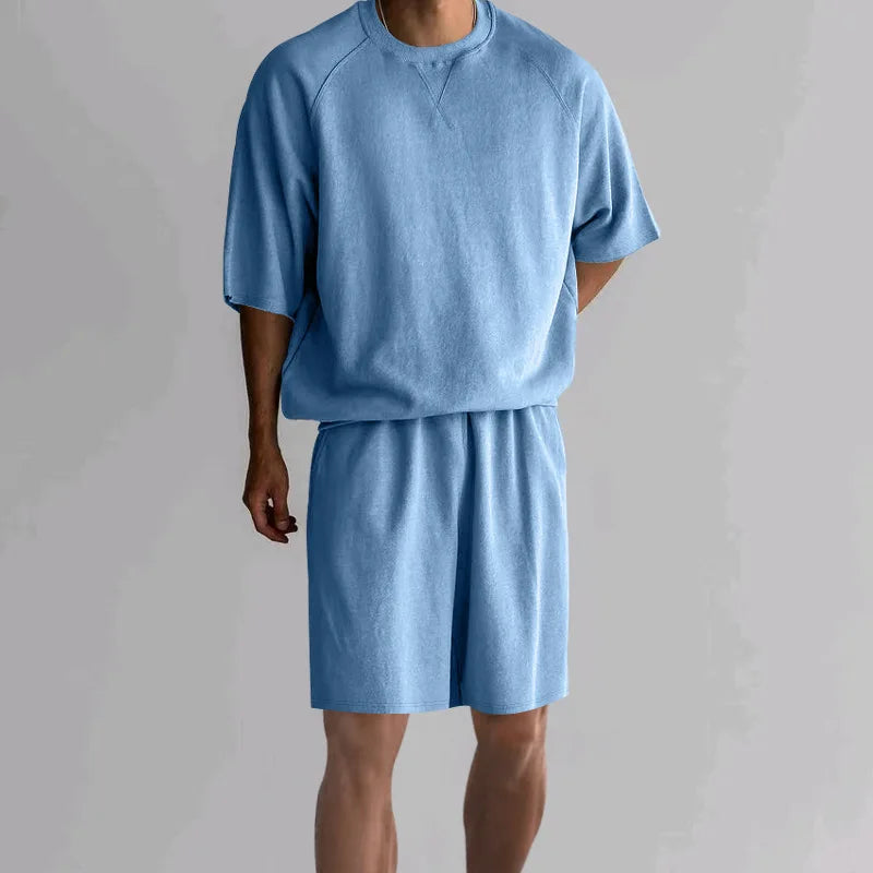 New 2026 Summer Men's Two Piece Sets Casual Loose Short Sleeve O Neck Tees and Shorts Tracksuits Men Stylish Solid Color Suits