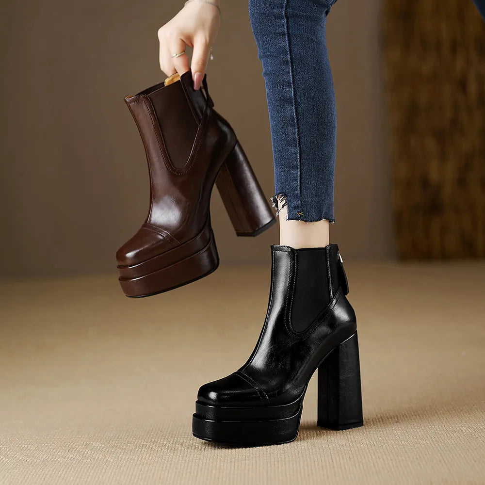 Aucegi Women Genuine Leather Back Zipper Ankle Boots Fashion Square Toe Platform Thick High Heels Party All Match Casual Shoes