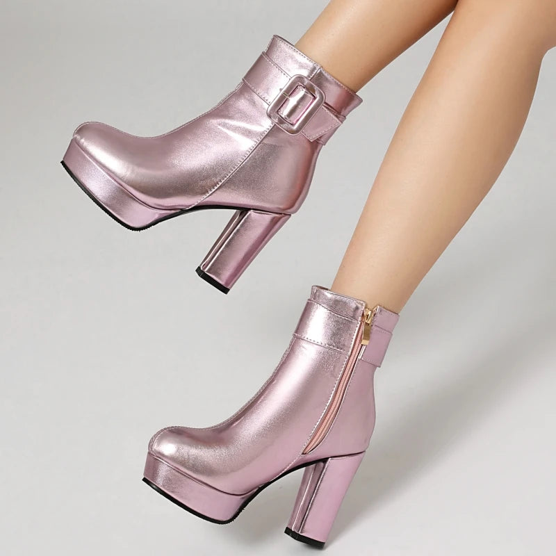 Luxury Women's Ankle Boots High Heels Platform Short Boot Zipper Gold Silver Pink Red Party Dance Shoes Female Large Size 45 48