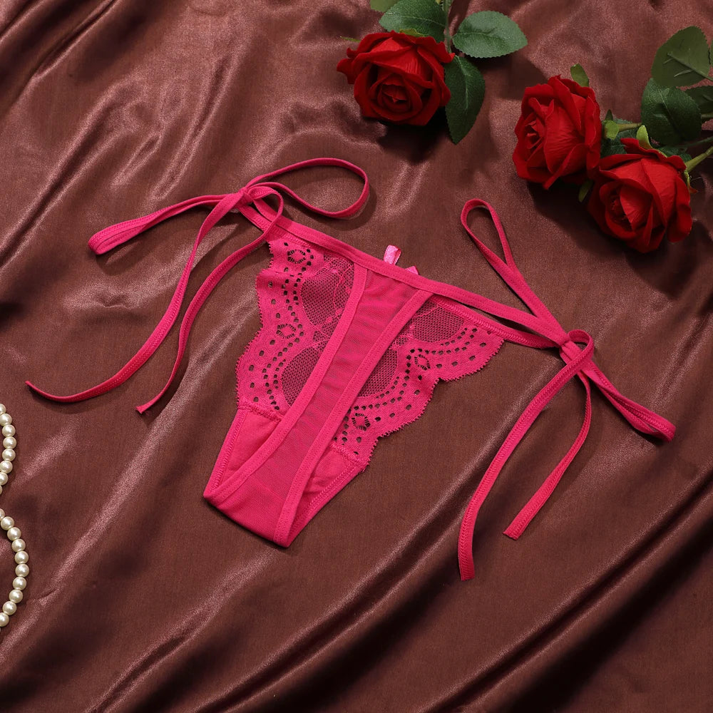 Detachable And Adjustable Waistband  Lace Trim Underwear Women Sexy Low Waist Perspective Temptation Thong Bow Lingerie