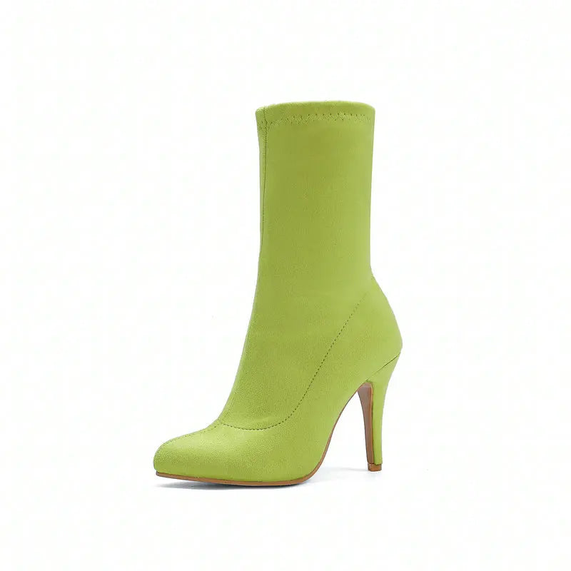 2023 Autumn Winter Sock Short Boots Lady Mid-Calf Thin High Heels Large Size 46 Fashion Women Shoes Elastic Flock Pointed Boots