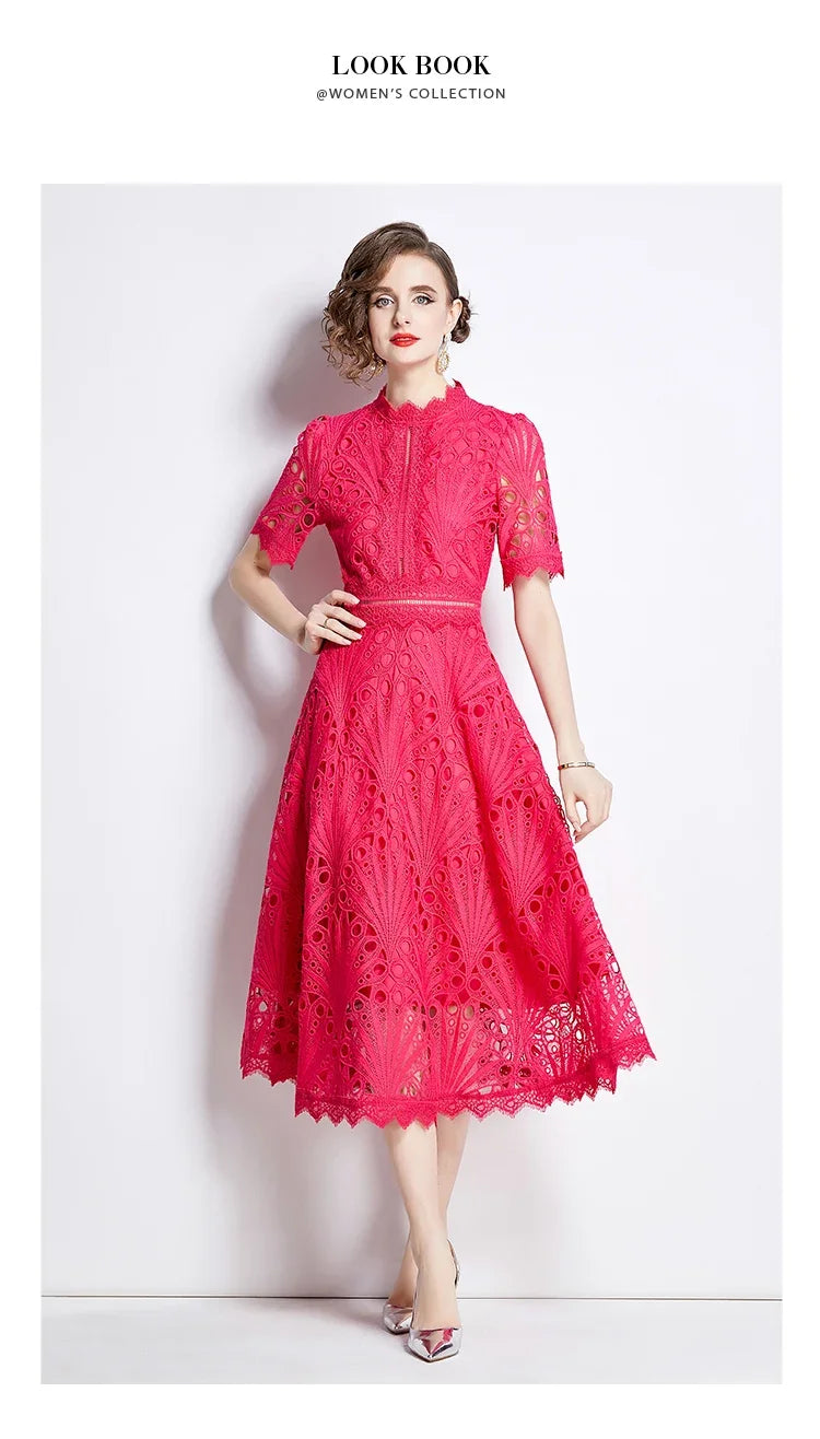 SMTHMA Vintage High-End O-Neck Short Sleeve Lace Hollow Out Dress For Women's Summer Slim Elegant Long Dress Female Clothing