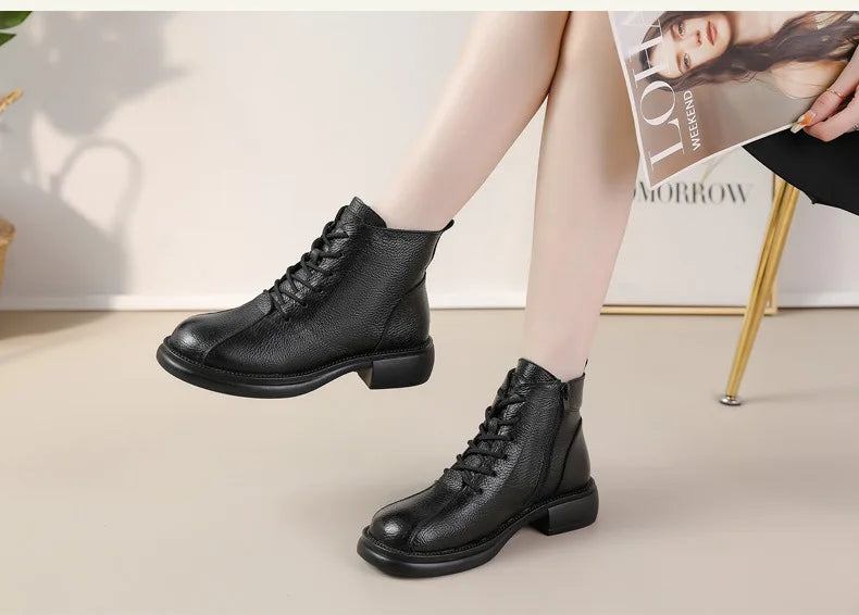 Xiuteng Autumn New Cowhide Mid-Heel Soft-Soled Women's Short Boots Retro Casual Leather  Boots Warm Women's Cotton Shoes