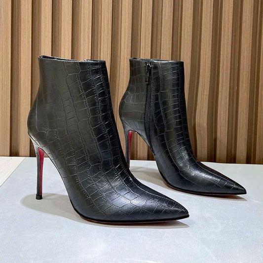 Autumn and winter new turtle patterned short boots, slim high heels, black 10cm, female pointed, slim heels, Shizang bare boots