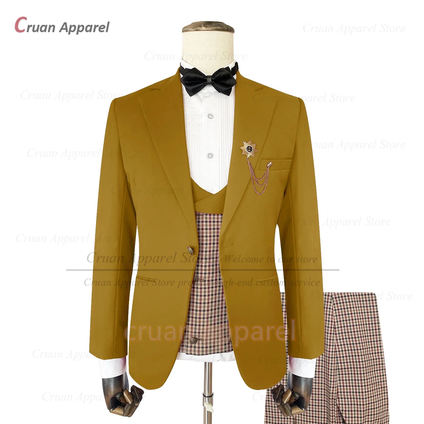 Classic Brown Suit Sets For Men Fashion Checkered Blazer Vest Pants 3 Pieces Formal Party Tailor-made Elegant Slim Fit Costumes