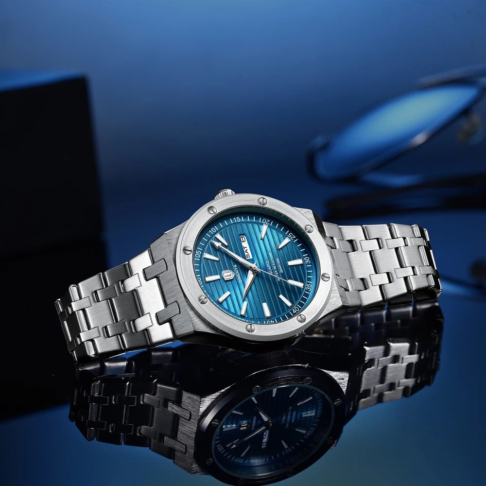 QINGXIYA New Mens Quartz Watches Top Brand Luxury Week Date Man Wristwatch Stainless Steel Waterproof Luminous Sports Men Watch