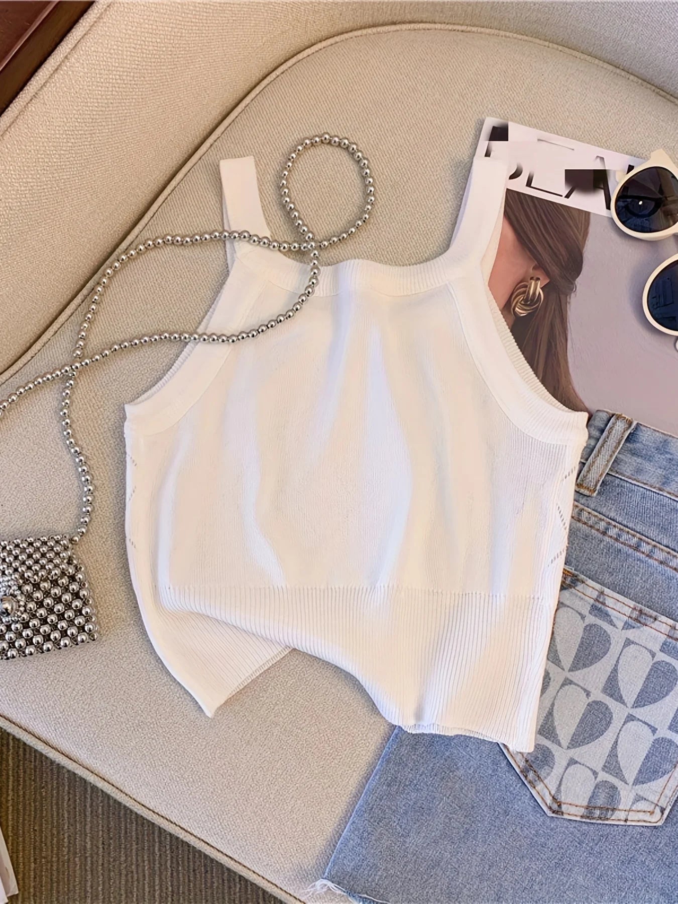 Solid Rhinestone Eyelet Spaghetti Top Casual Crew Neck Sleeveless Knitted Cami Top For Spring Summer Women's Clothing Crop Top
