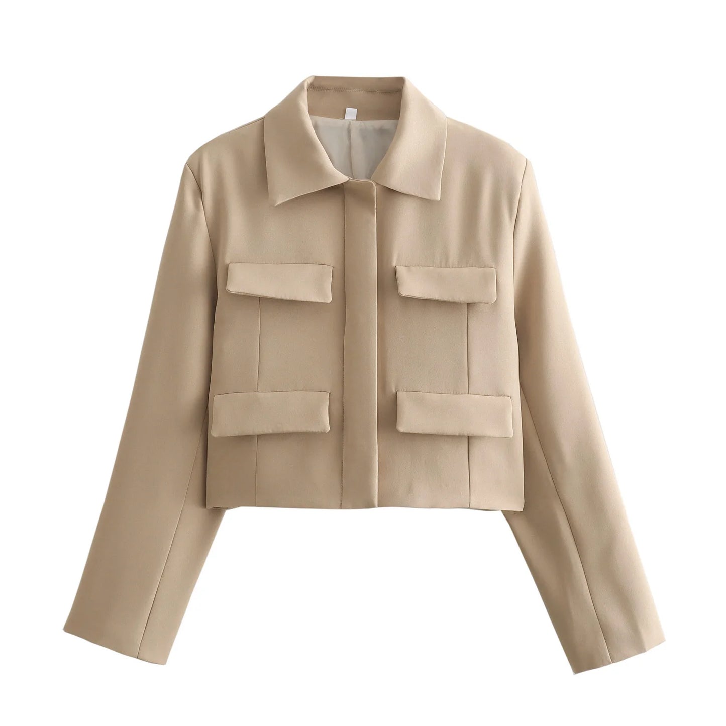 HH Spring Jacket For Women Slim Cropped Coat Elegant Solid Long Sleeve Jacket Front Flap Pocket Outerwear Fashion Streetwear