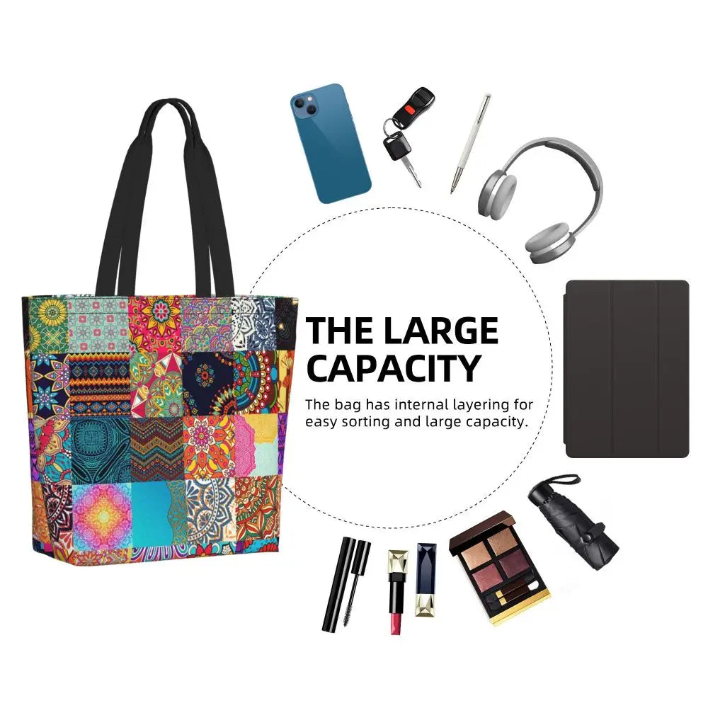 African Ankara Prints Grocery Shopping Tote Bags Women Geometric Ethnic Art Canvas Shoulder Shopper Bags Big Capacity Handbag