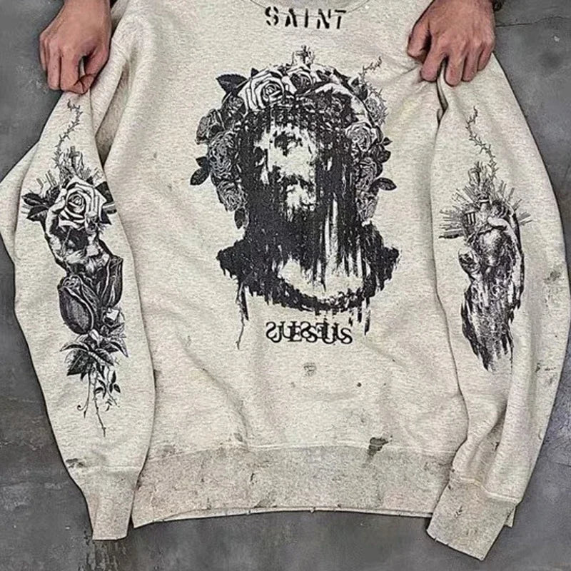 Real Photo Portrait Graffiti Print Saint Hoodie Wash Do Old Destroy Loose Pullover Casual Women Men Sweatshirt