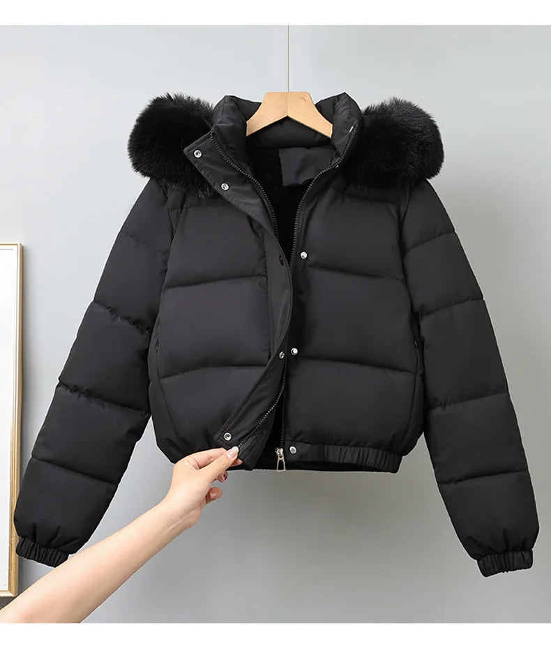 Short Coats Women Parkas Hooded Fur Collar Jackets Thick Warm Y2k Streetwear Elegant Jacket Work Coat Autumn Winter 2025