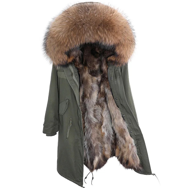 Maomaokong Winter Woman Natural Fur Overcoat Plus Size Black Parkas Raccoon Real Fur Lining Extra Larg Warm Jacket Coats Long