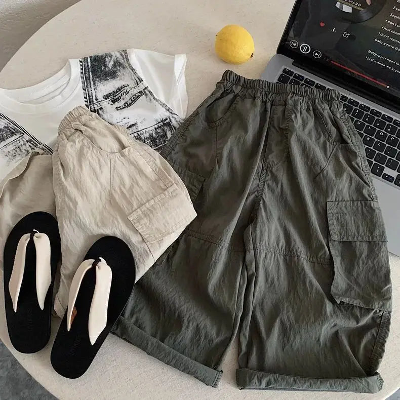 Kids Casual Cargo Shorts Loose Fit Solid Color Multi-Pocket Trousers