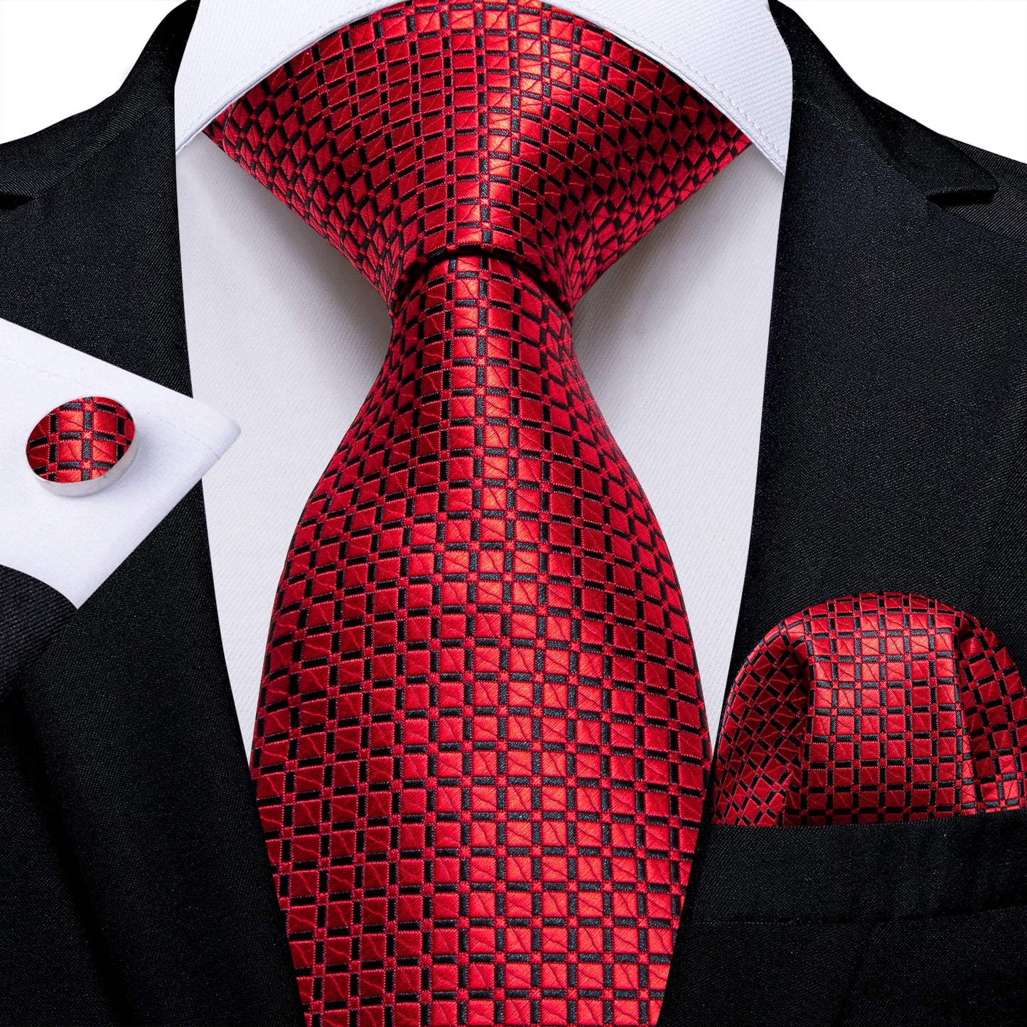 Dark Red Plaid Silk Ties for Men Classic 8cm Business Wedding Party Accessories Pocket Square Cufflinks Gift DiBanGu Dropship BAZAARHUBO
